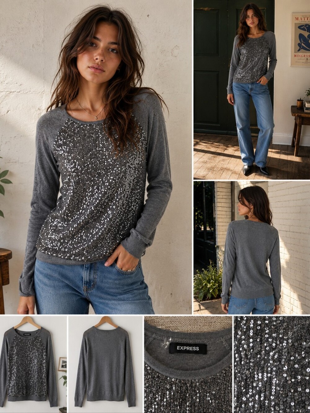 Elle Size M Sequin Front Mesh Sweater